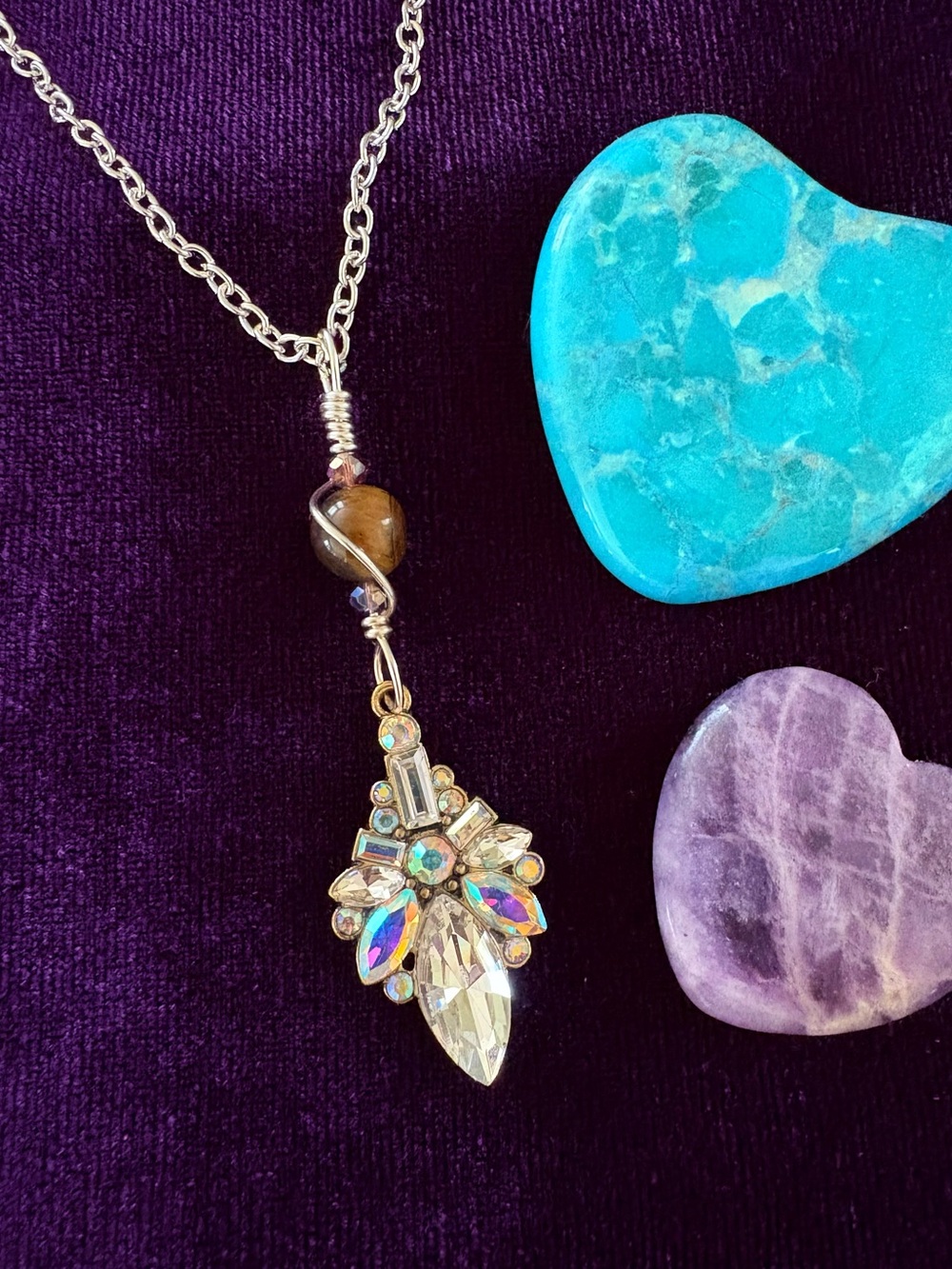 Wire Wrapped Handmade Gemstone Iridescent Sparkly Crystal Drop Pendant Necklace